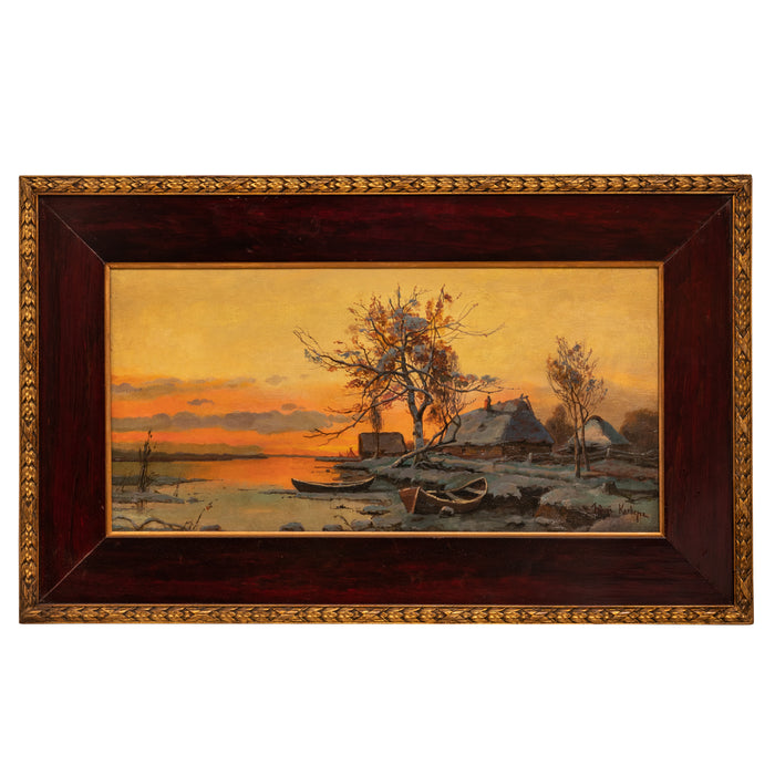 Antique Russian Oil Painting Yuliy (Julius) Yulevich Klever Winter Scene, 1890