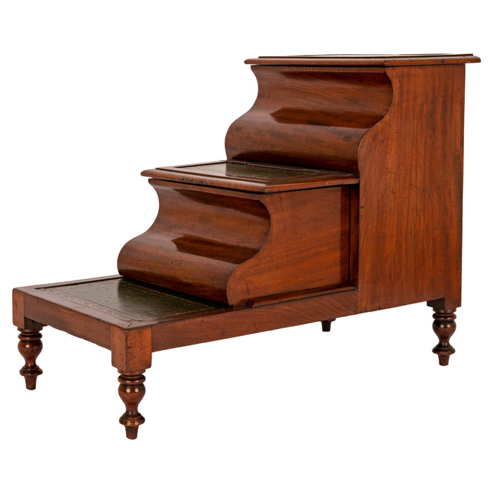 Antique 19th Century Mahogany Tooled & Gilded Leather Library Steps Commode, Circa 1860
