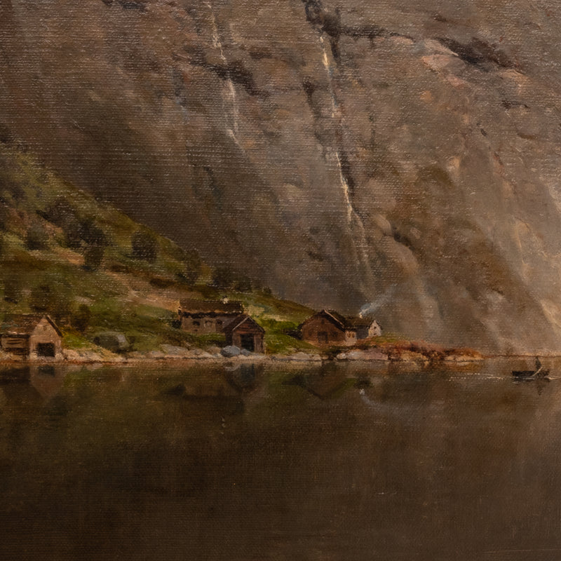 Large Antique German Oil on Canvas Norwegian Fjord Landscape Scene 1890