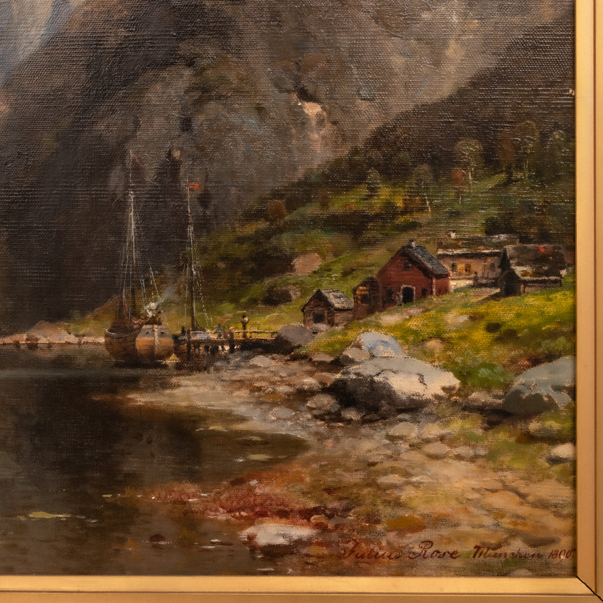 Large Antique German Oil on Canvas Norwegian Fjord Landscape Scene 1890