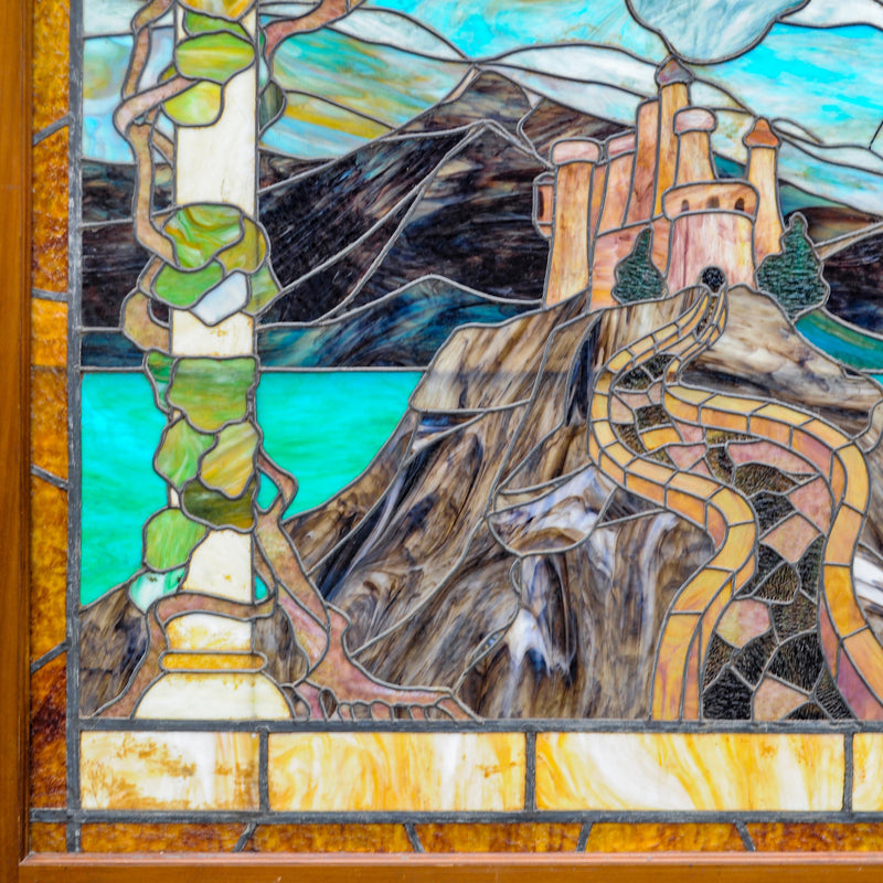 Antique Tiffany Studios Henry Keck Leaded Art Glass Monumental Landscape Window New York, Circa 1910
