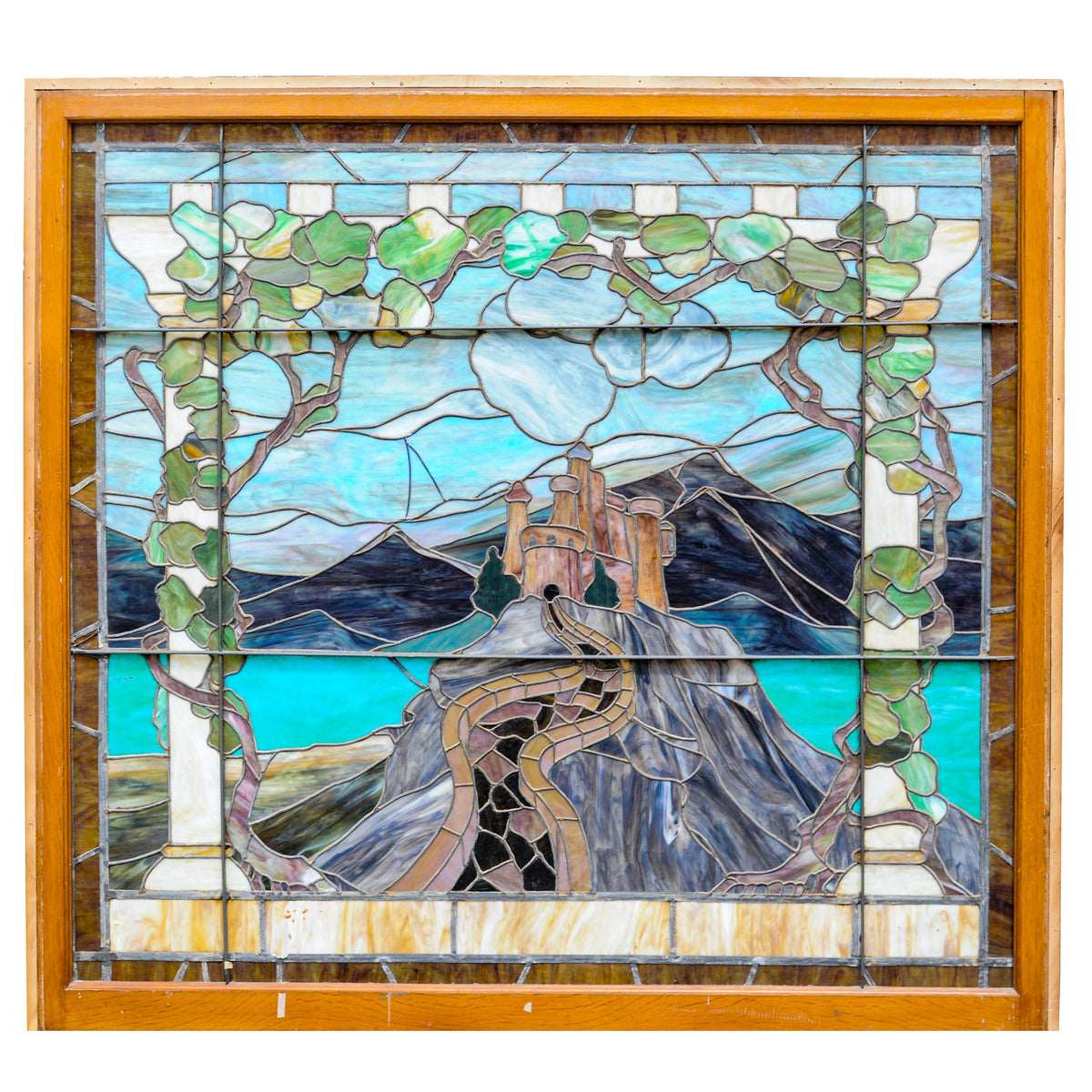 Antique Tiffany Studios Henry Keck Leaded Art Glass Monumental Landscape Window New York, Circa 1910