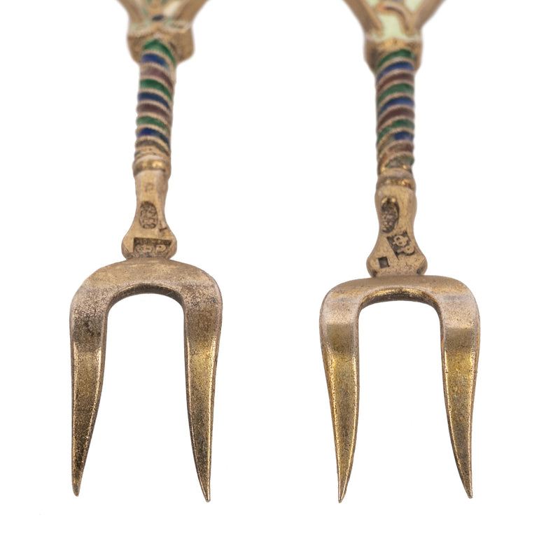 Pair Antique Imperial Russian Silver Gilt Cloisonne Forks Feodor Ruckert Faberge, Circa 1910