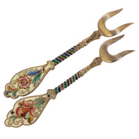 Pair Antique Imperial Russian Silver Gilt Cloisonne Forks Feodor Ruckert Faberge, Circa 1910