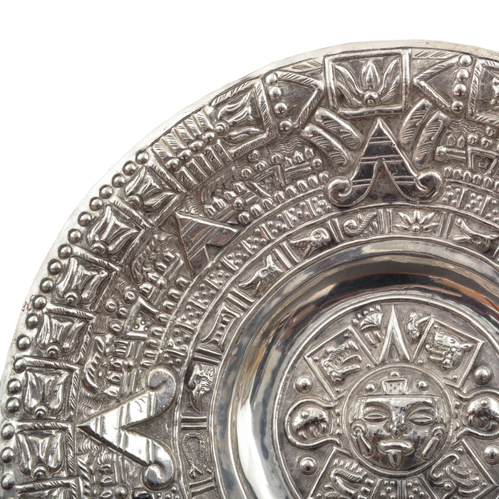 Large Mid Century Modern Mexican Sterling Silver Aztec Calendar Wall Charger, 1960s