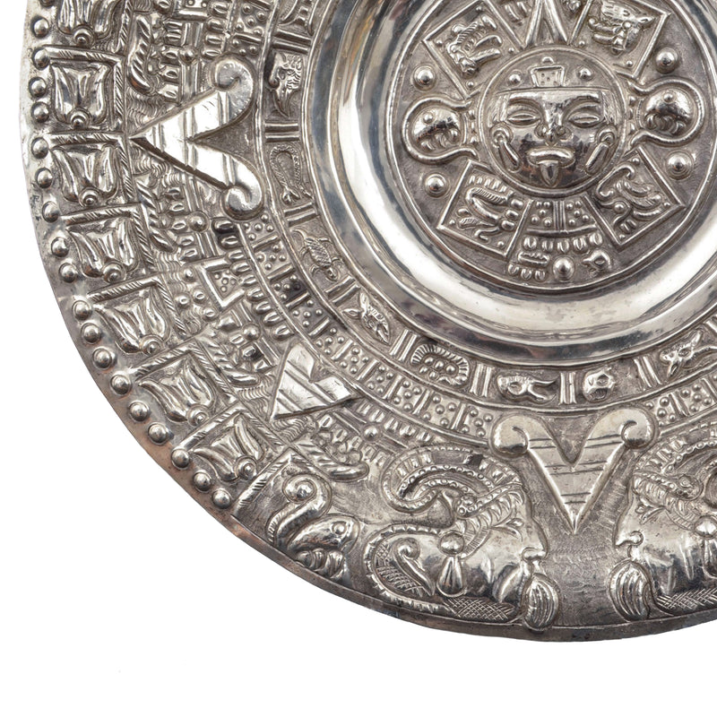 Large Mid Century Modern Mexican Sterling Silver Aztec Calendar Wall Charger, 1960s