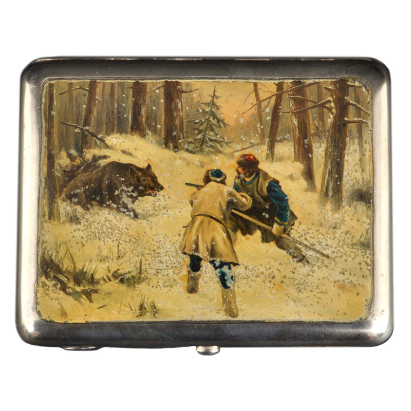 Antique Russian Imperial Silver Enamel Hunting Scene Cigarette Case, 1898-1914