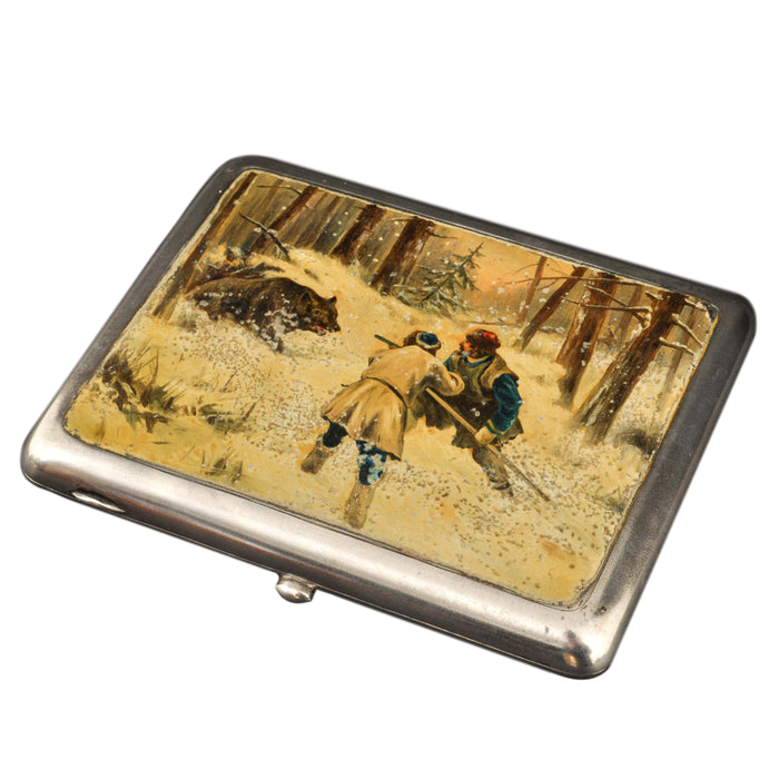 Antique Russian Imperial Silver Enamel Hunting Scene Cigarette Case, 1898-1914