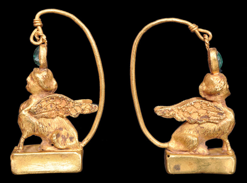Pair of Ancient Greek Gold Sphinx Earrings, Helenistic Period, circa 3rd-2nd Century BCE