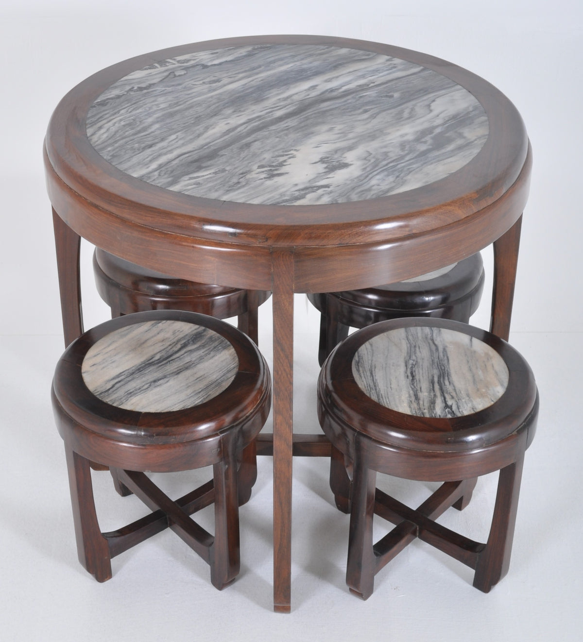 Antique Chinese Art Deco Rosewood & Marble Table Set, Circa 1925