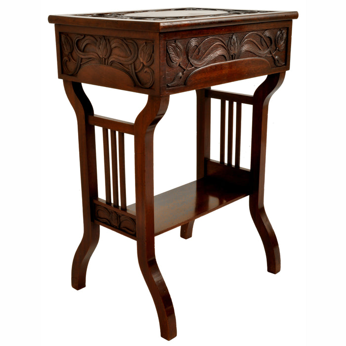 Antique Art Nouveau Scottish Arts & Crafts Carved Walnut Sewing Work Table, circa 1900