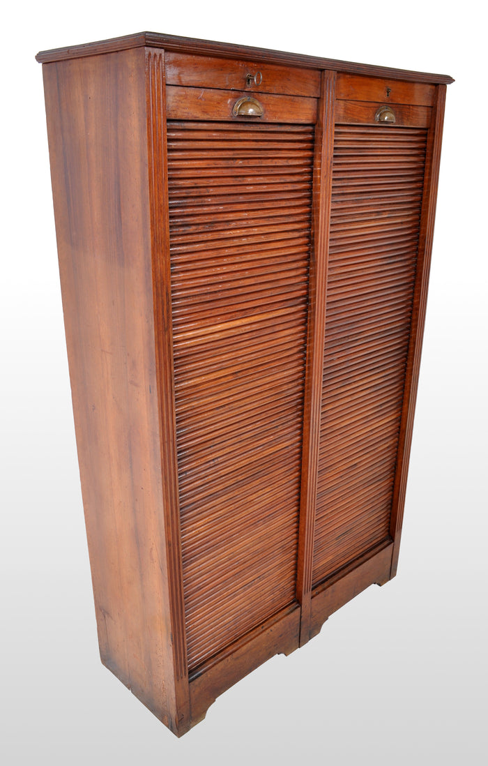 Antique French Walnut Twin/Double Tambour Fronted Roll-Top Filing Cabinet, circa 1910