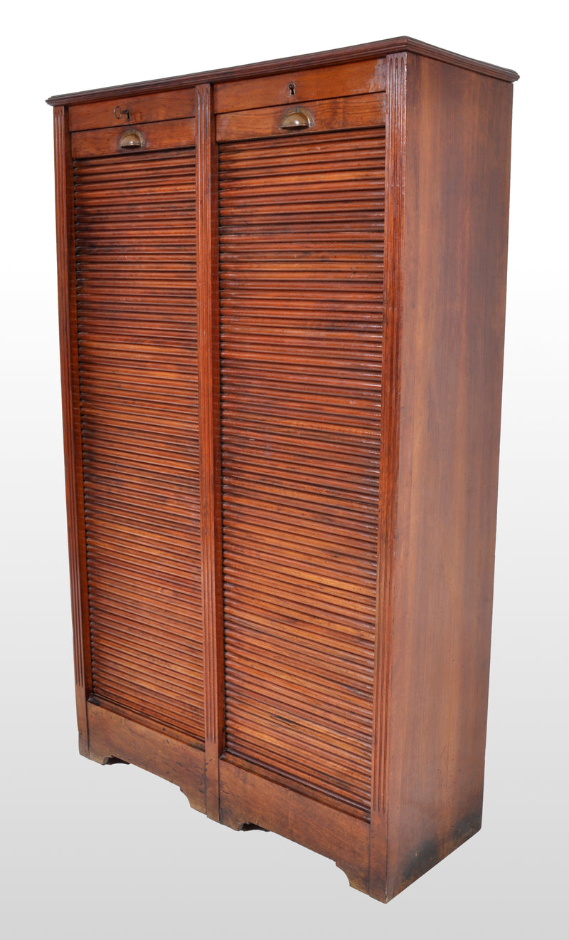 Antique French Walnut Twin/Double Tambour Fronted Roll-Top Filing Cabinet, circa 1910