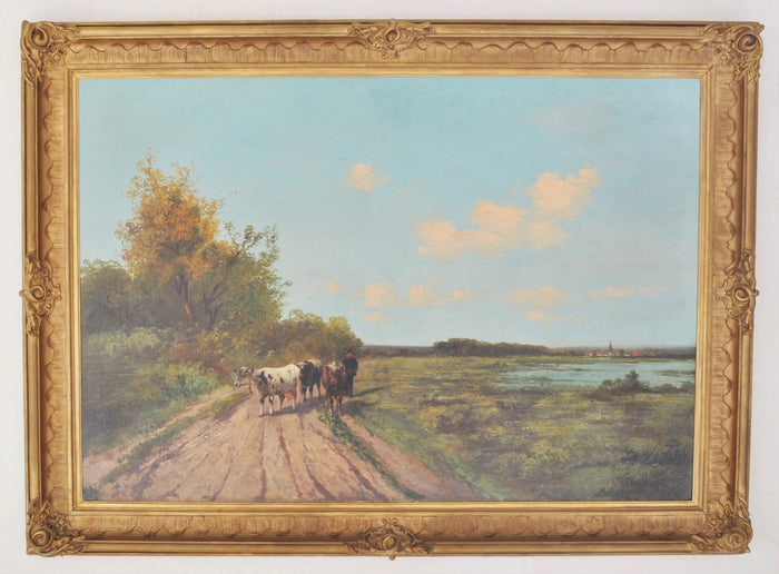Monumental Antique Flemish Oil on Canvas Landscape Painting by Frans Courtens & Paul Schouten, Circa 1890