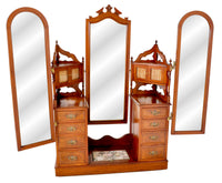 Antique Victorian Walnut Triple Mirror Twin Pedestal Dressing Table / Princess Vanity Chest, circa 1870
