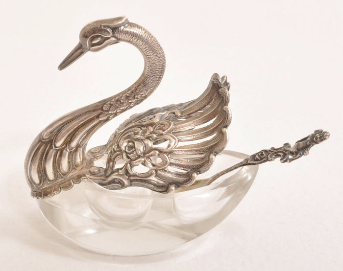 Antique Sterling Silver and Crystal Ornamental Swan Salt with Sterling Silver Spoon