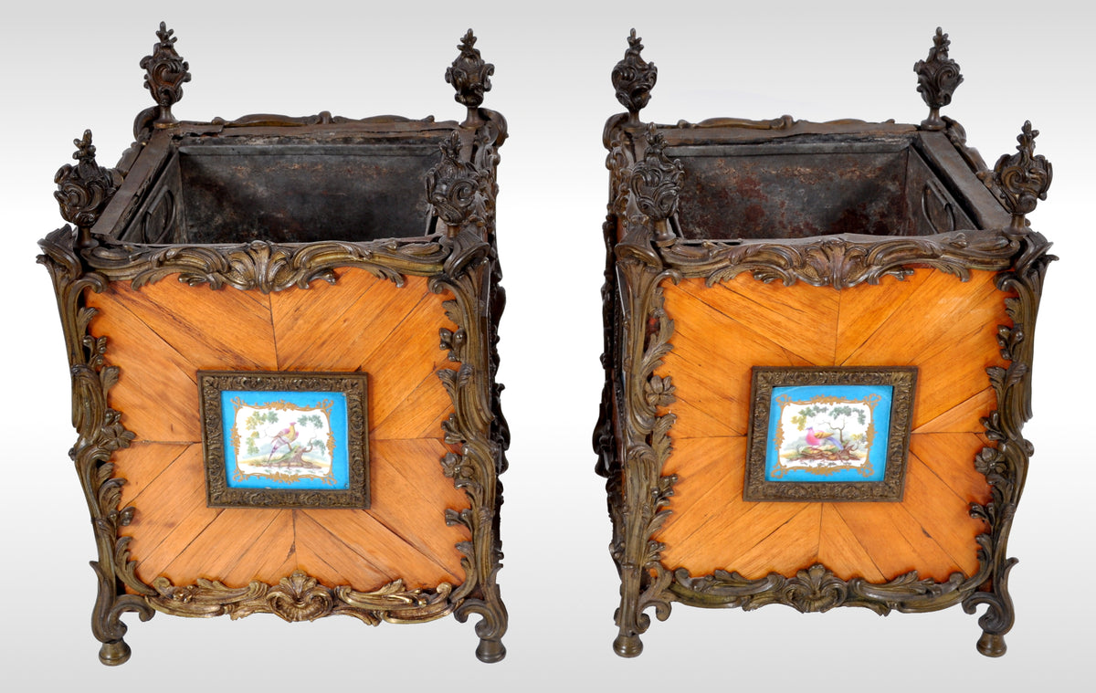 Pair of Antique French Louis XV Tulipwood and Sèvres Porcelain Jardinieres / Planters, circa 1840