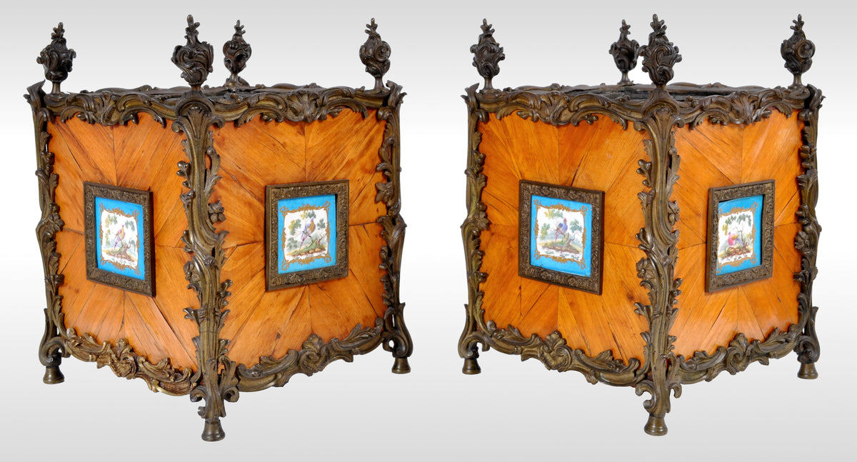 Pair of Antique French Louis XV Tulipwood and Sèvres Porcelain Jardinieres / Planters, circa 1840