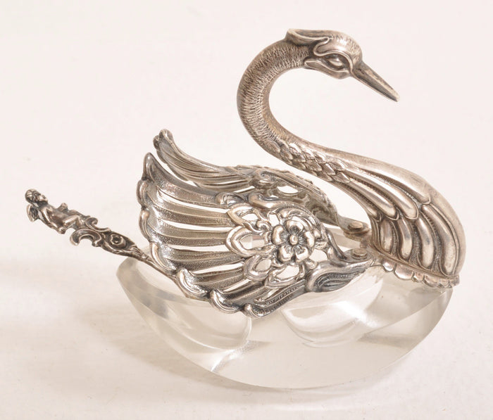 Antique Sterling Silver and Crystal Ornamental Swan Salt with Sterling Silver Spoon