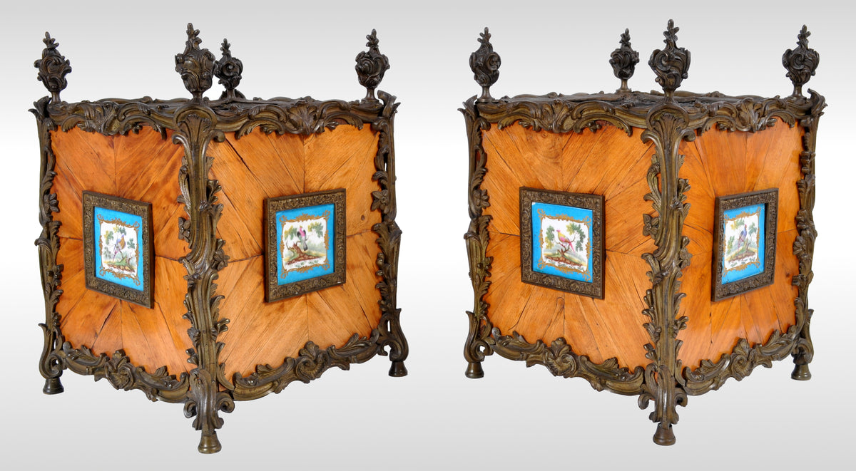 Pair of Antique French Louis XV Tulipwood and Sèvres Porcelain Jardinieres / Planters, circa 1840