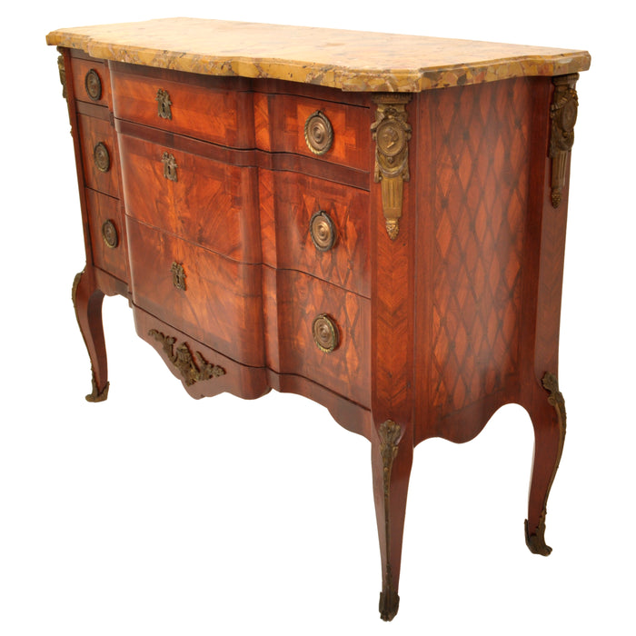 Antique French Louis XV Inlaid Parquetry Ormolu Marble Top Commode / Chest, circa 1780