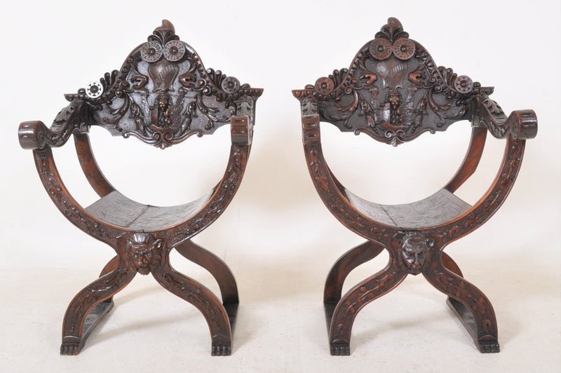 Pair of Antique 19th Century Italian Renaissance Revival Walnut Savanarola Chairs, Circa 1870