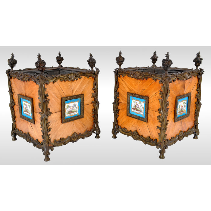 Pair of Antique French Louis XV Tulipwood and Sèvres Porcelain Jardinieres / Planters, circa 1870