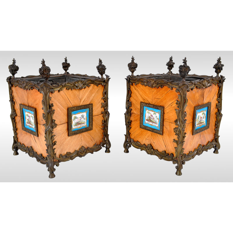 Pair of Antique French Louis XV Tulipwood and Sèvres Porcelain Jardinieres / Planters, circa 1840