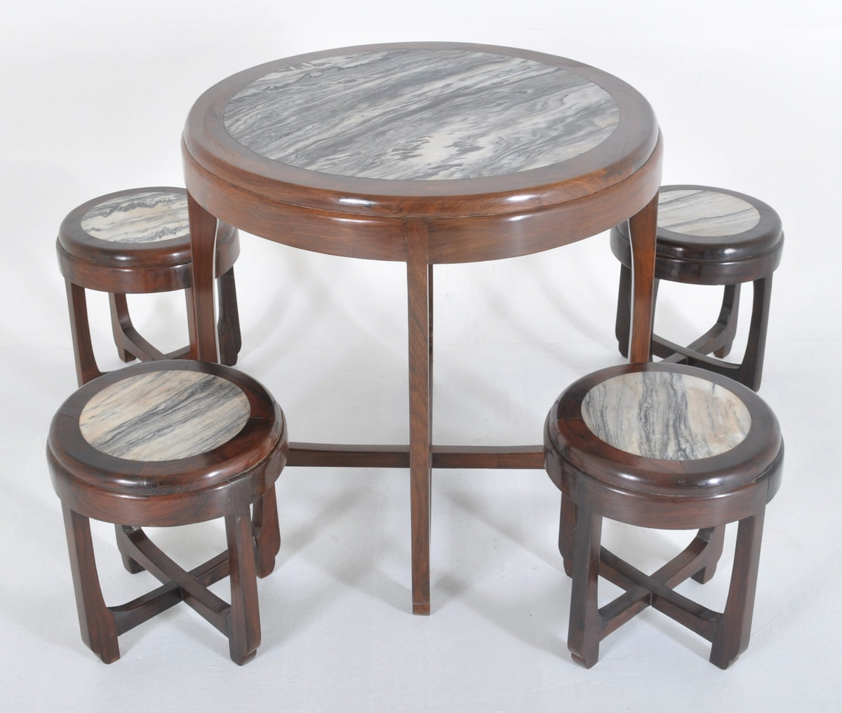 Antique Chinese Art Deco Rosewood & Marble Table Set, Circa 1925