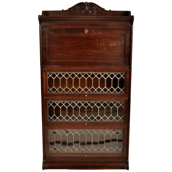 Antique Arts & Crafts Carved Oak Lawyer's / Barrister's Bookcase / Desk, Leaded Glass, circa 1900