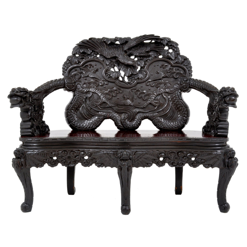 Antique Chinese Qing Dynasty Carved Rosewood Dragon Loveseat / Sofa / Bench, Circa 1890