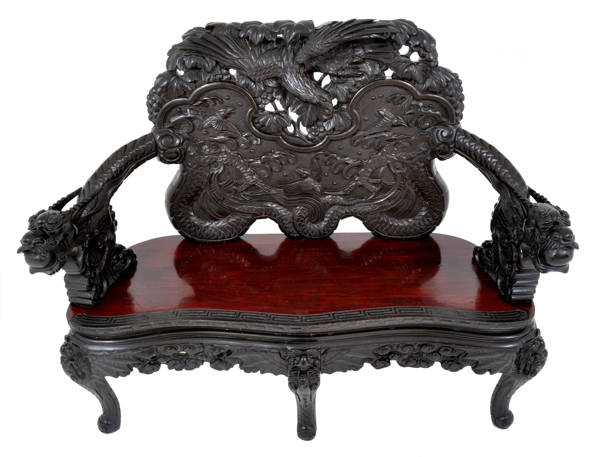 Antique Chinese Qing Dynasty Carved Rosewood Dragon Loveseat / Sofa / Bench, Circa 1890