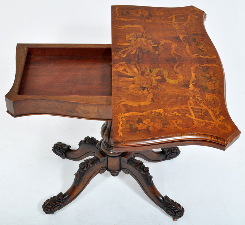 Antique Victorian Inlaid Walnut Game Table with Marquetry Top, Circa 1860