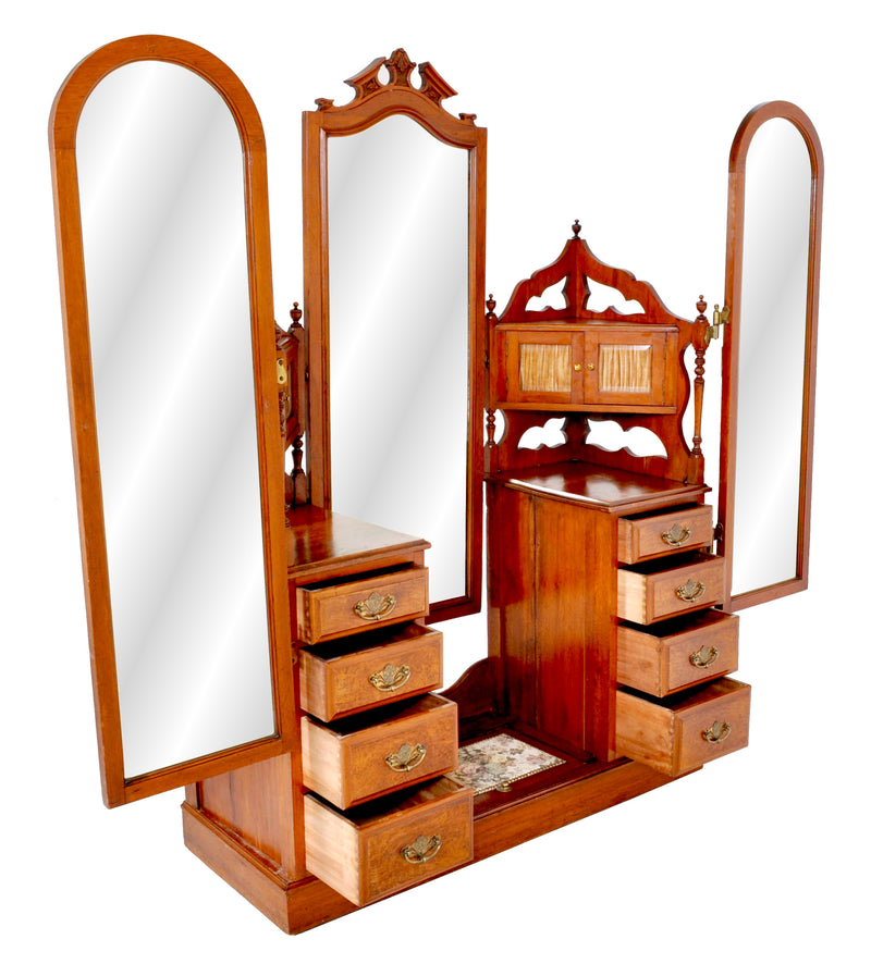 Antique Victorian Walnut Triple Mirror Twin Pedestal Dressing Table / Princess Vanity Chest, circa 1870