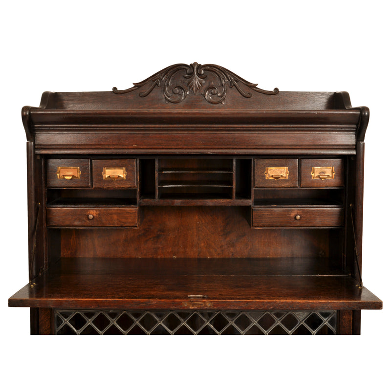 Antique Arts & Crafts Carved Oak Lawyer's / Barrister's Bookcase / Desk, Leaded Glass, circa 1900