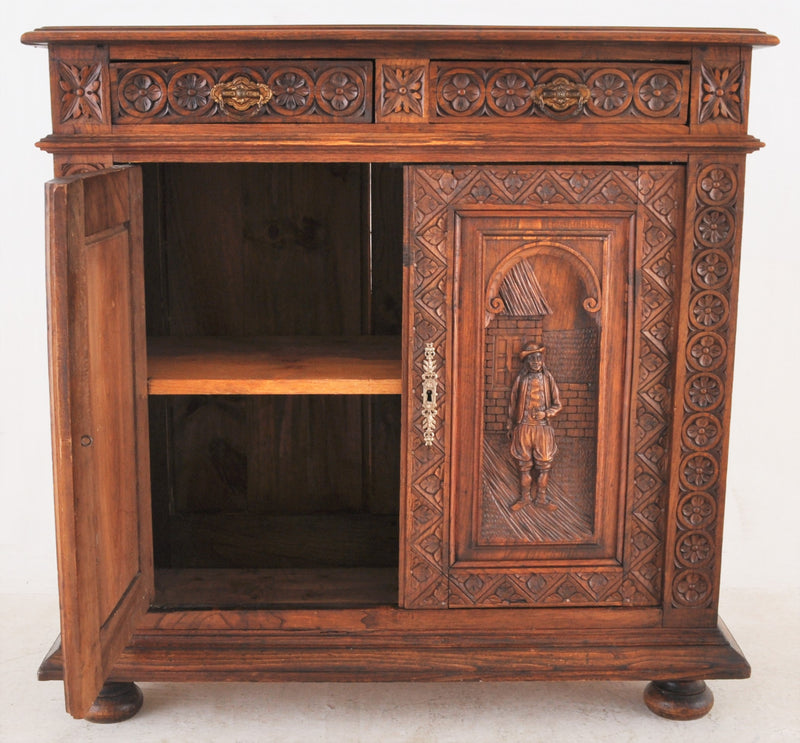 Antique French Brittany Carved Oak Side Cabinet, Circa 1890