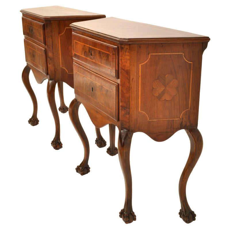 Pair of Antique Italian Inlaid Walnut Baroque Commodes / Chests / Stands / Tables, circa 1750