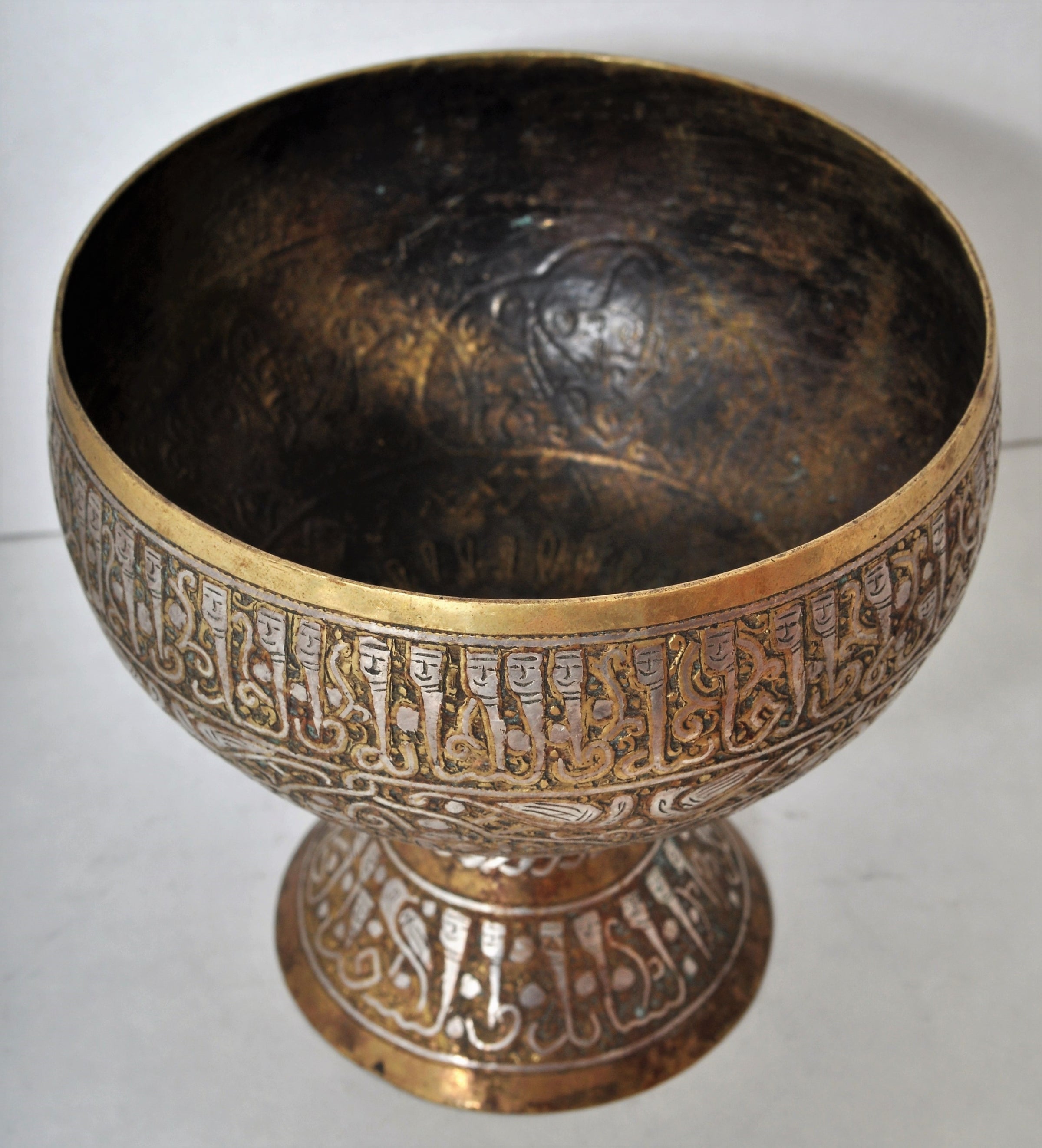 Old Persian Inkwell Bronze Silver Inlaid Islamic Khorasan #608