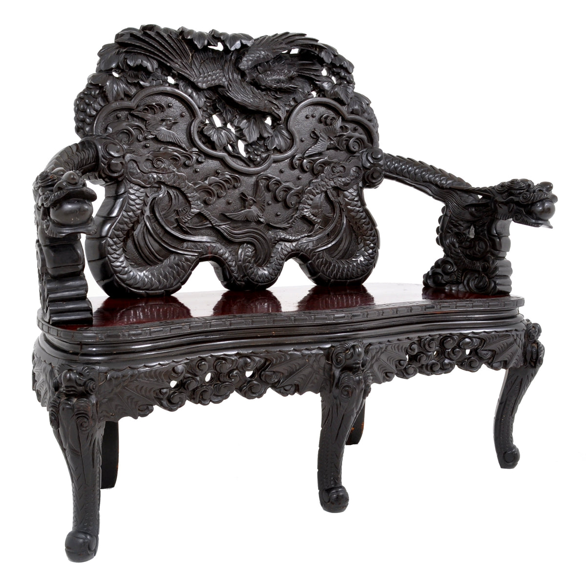 Antique Chinese Qing Dynasty Carved Rosewood Dragon Loveseat / Sofa / Bench, Circa 1890