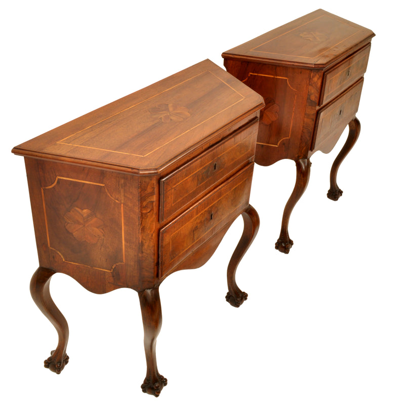Pair of Antique Italian Inlaid Walnut Baroque Commodes / Chests / Stands / Tables, circa 1750