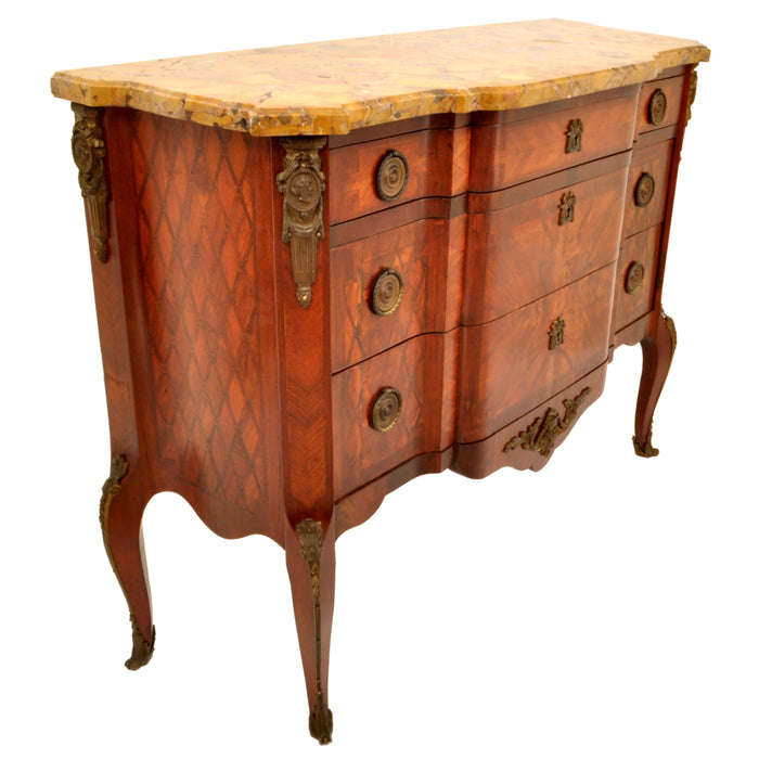 Antique French Louis XV Inlaid Parquetry Ormolu Marble Top Commode / Chest, circa 1780