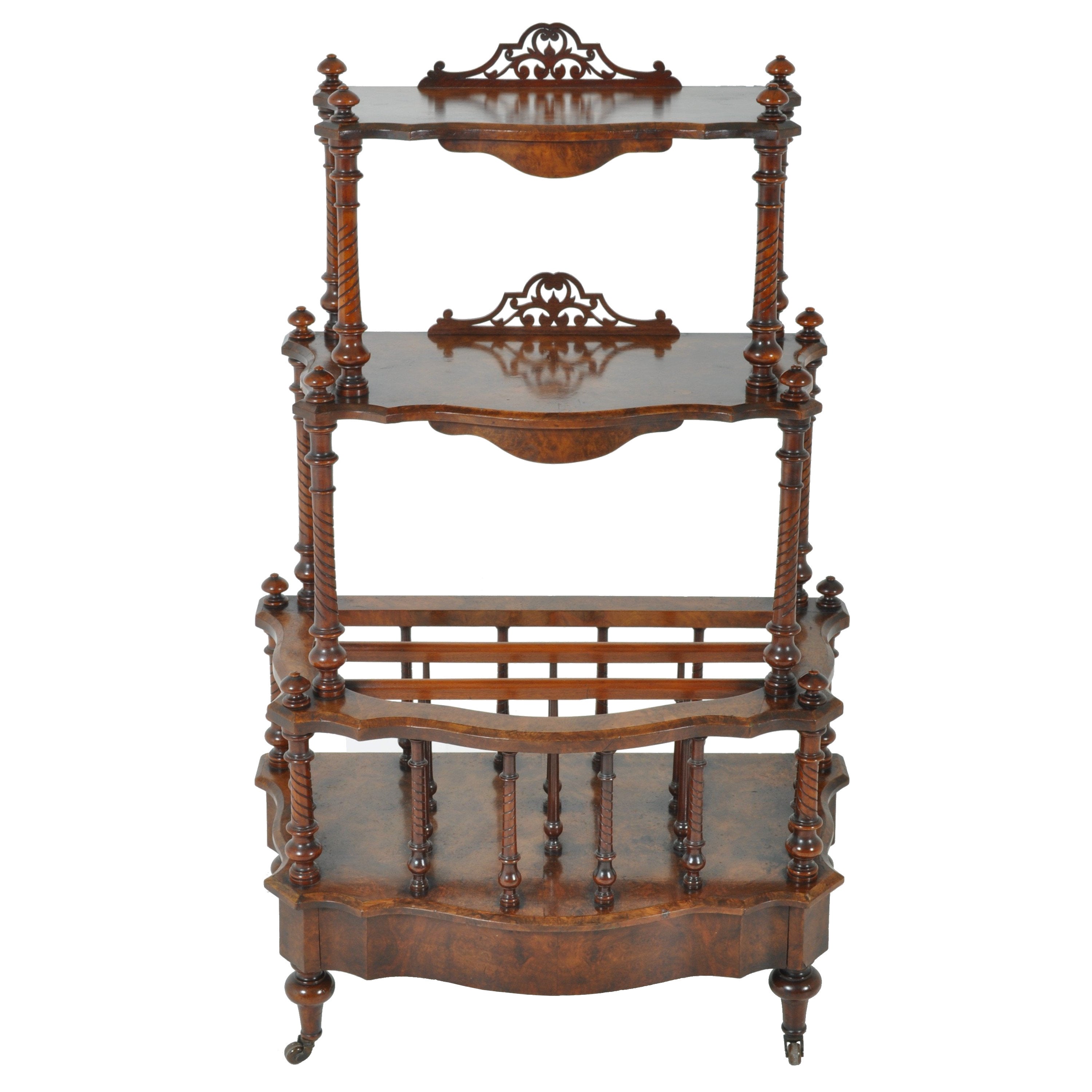 Antique English Burl Walnut Music Canterbury Whatnot, Circa 1870