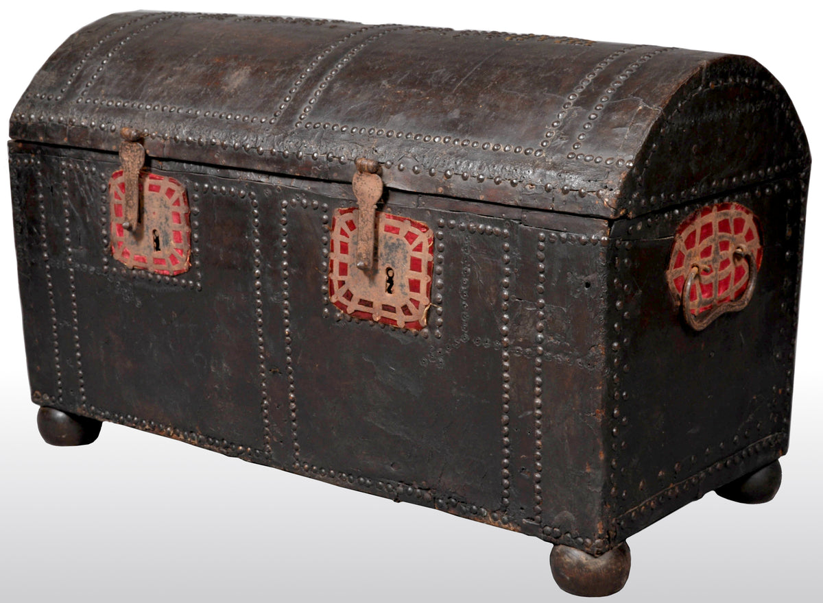 Antique Spanish Baroque Leather and Studded Wedding Trunk / Coffer, circa 1700