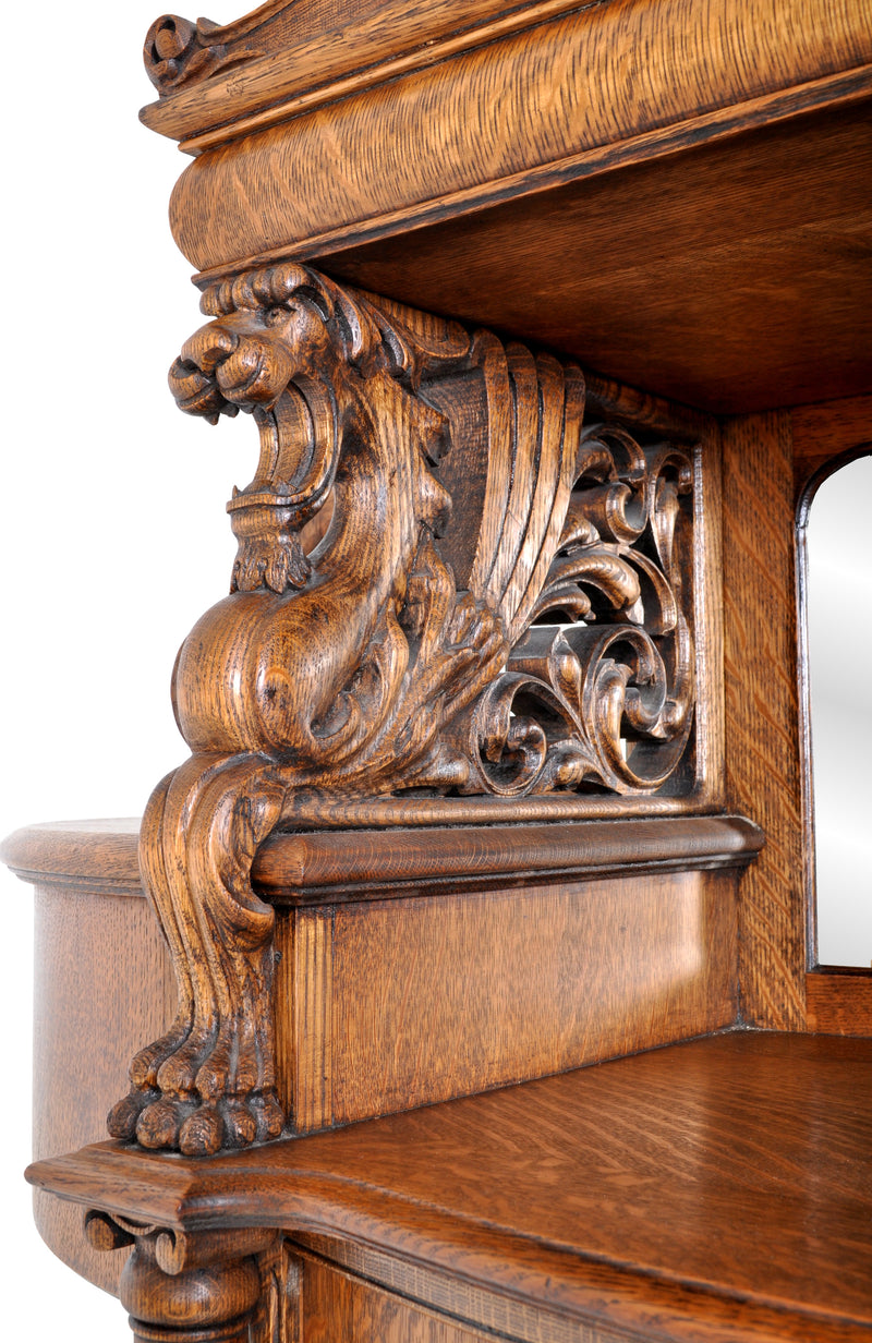 Antique American R. J. Horner Carved Oak Winged Griffin China Hutch / Cabinet, circa 1890