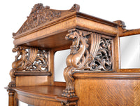 Antique American R. J. Horner Carved Oak Winged Griffin China Hutch / Cabinet, circa 1890