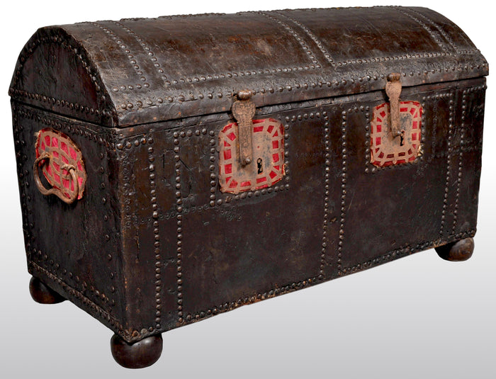 Antique Spanish Baroque Leather and Studded Wedding Trunk / Coffer, circa 1700