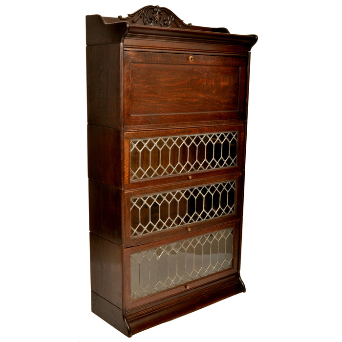 Antique Arts & Crafts Carved Oak Lawyer's / Barrister's Bookcase / Desk, Leaded Glass, circa 1900