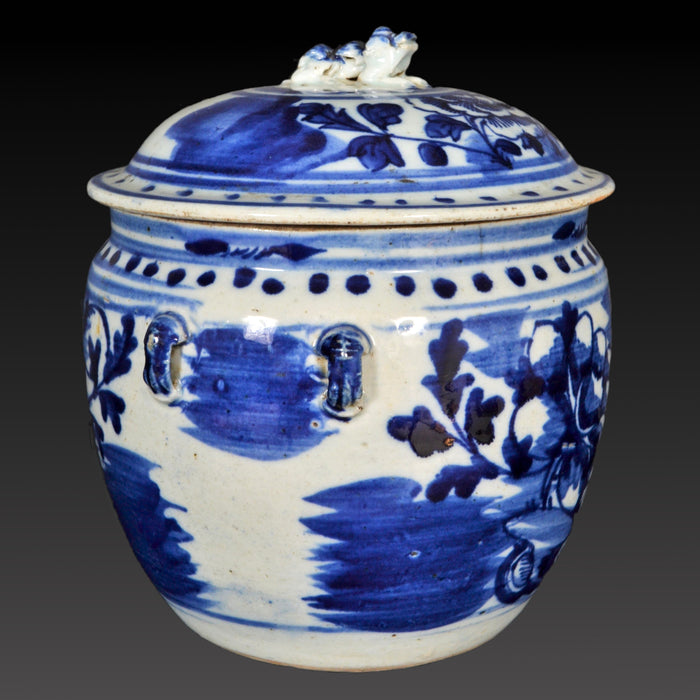 Antique Chinese Qing Dynasty Blue & White Lidded Bowl, Circa 1890
