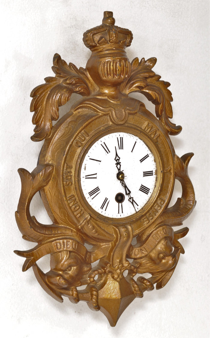 Antique 8-Day Cartel Wall Clock Royal Coat of Arms, Circa 1890