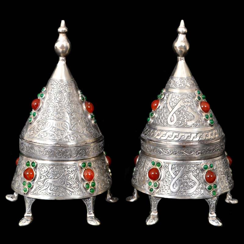 Pair of Antique Islamic Qajar Period Arabic Persian Silver and Carnelian Boxes, circa 1880